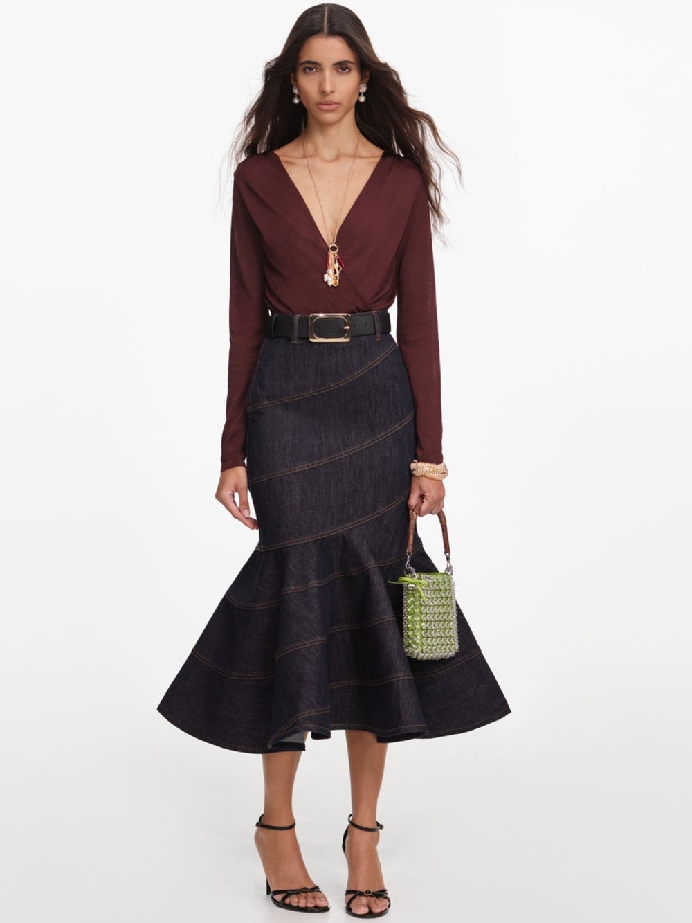 NWOT Self-Portrait INDIGO DENIM BELTED MIDI SKIRT